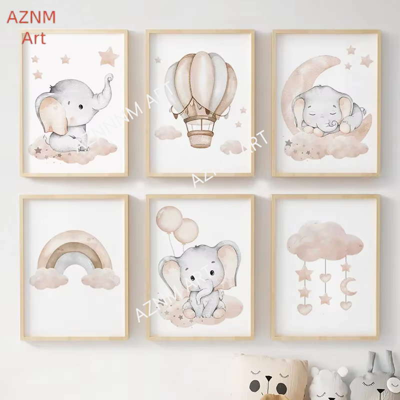 Baby Nursery Prints - Pósteres de elefantes, globos, arcoíris, luna,