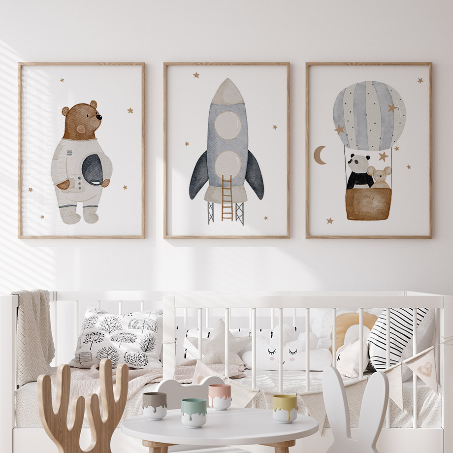 Baby Nursery Prints - Pósteres Boho de Cohetes Espaciales, Osos,